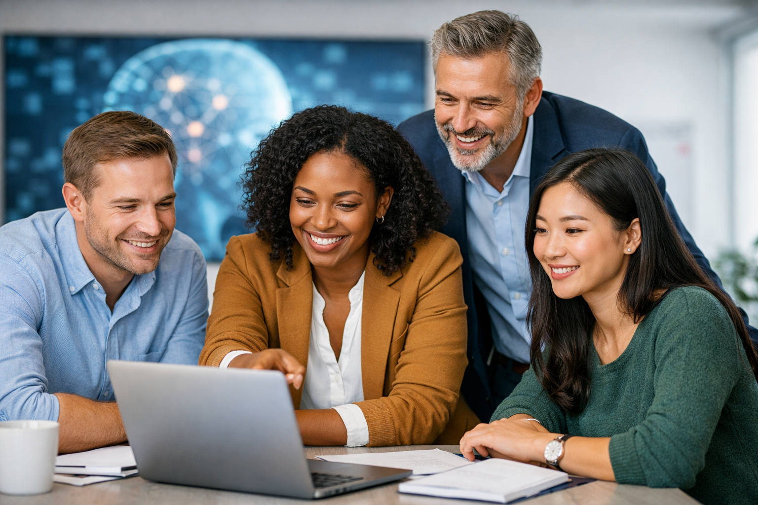 Diverse professionals collaborating in a bright modern space with subtle AI visuals