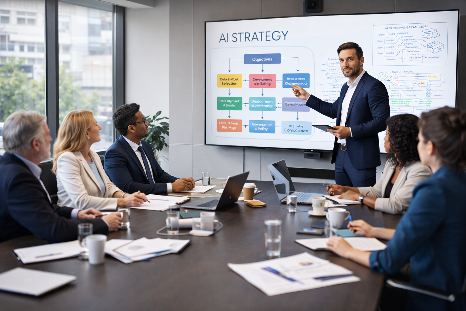 Leadership workshop or boardroom session with AI strategy discussion