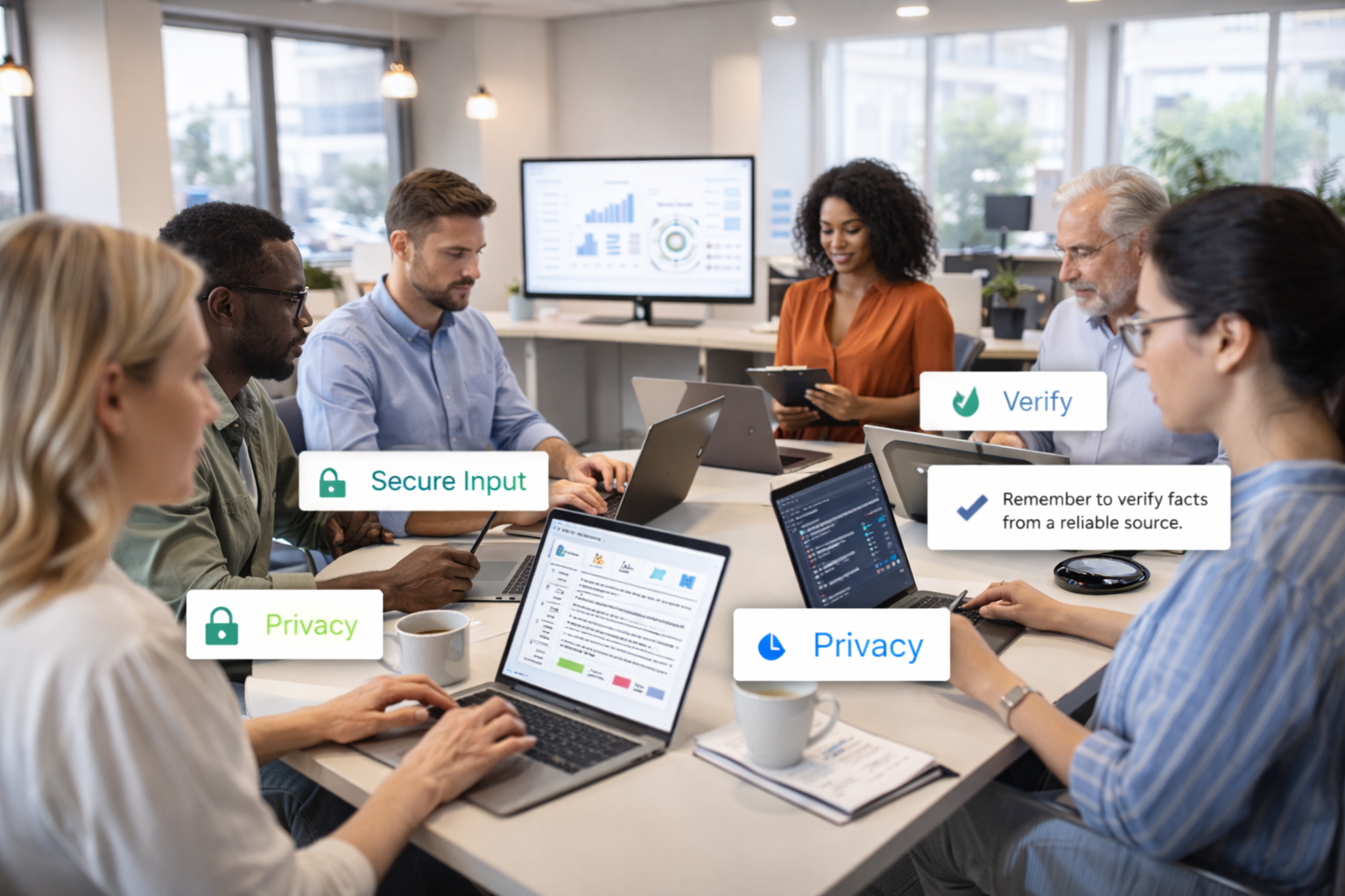Everyday users using AI tools responsibly in a modern office setting