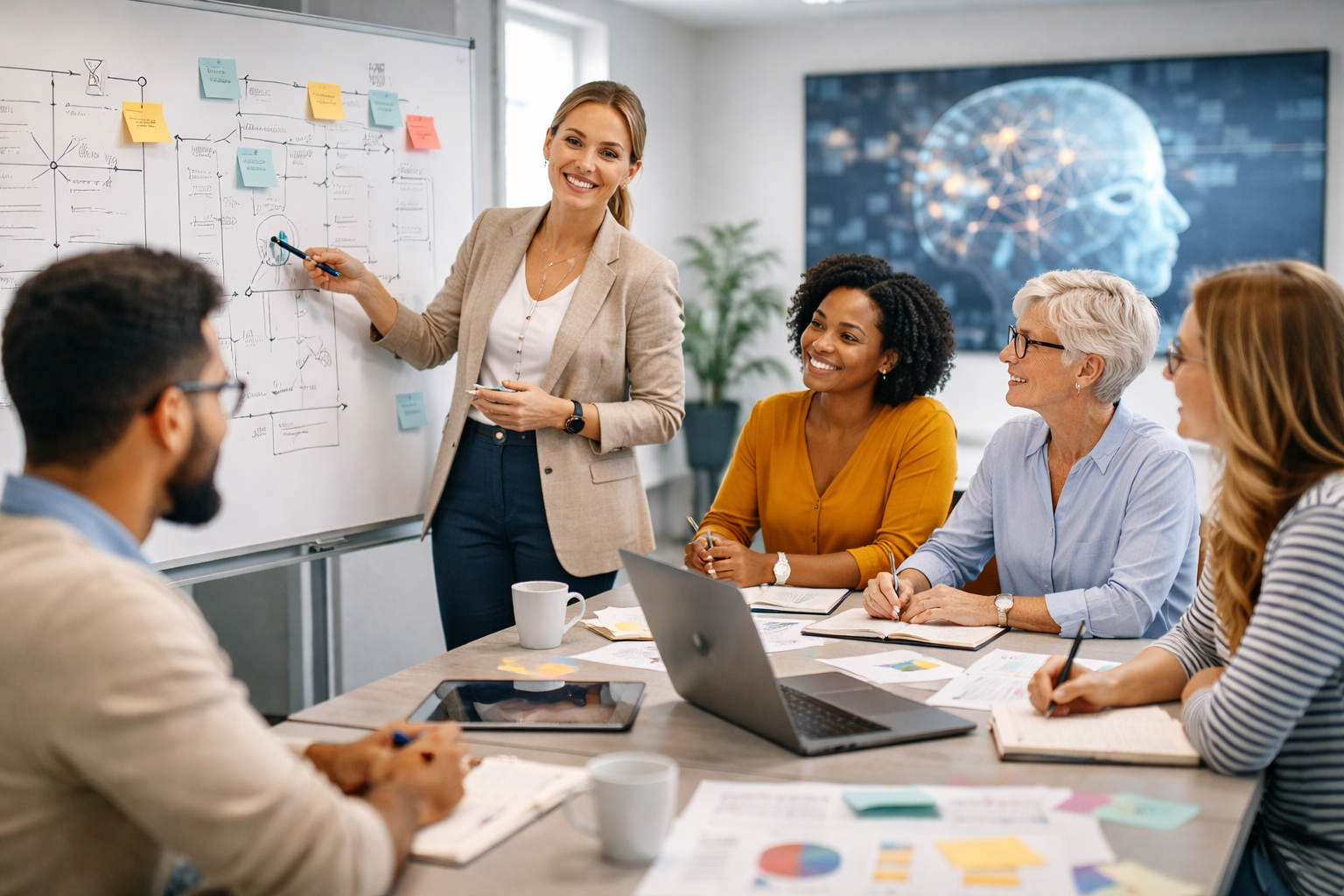 Human faces and technology motifs with a subtle hopeful tone